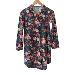 Garnet Hill Floral Print Pajama Shirt Gown Sleepwear XS Blue
